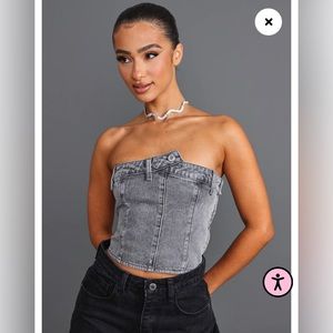 Prettylittlething Petite Grey Denim Button Detail Corset. Denim top